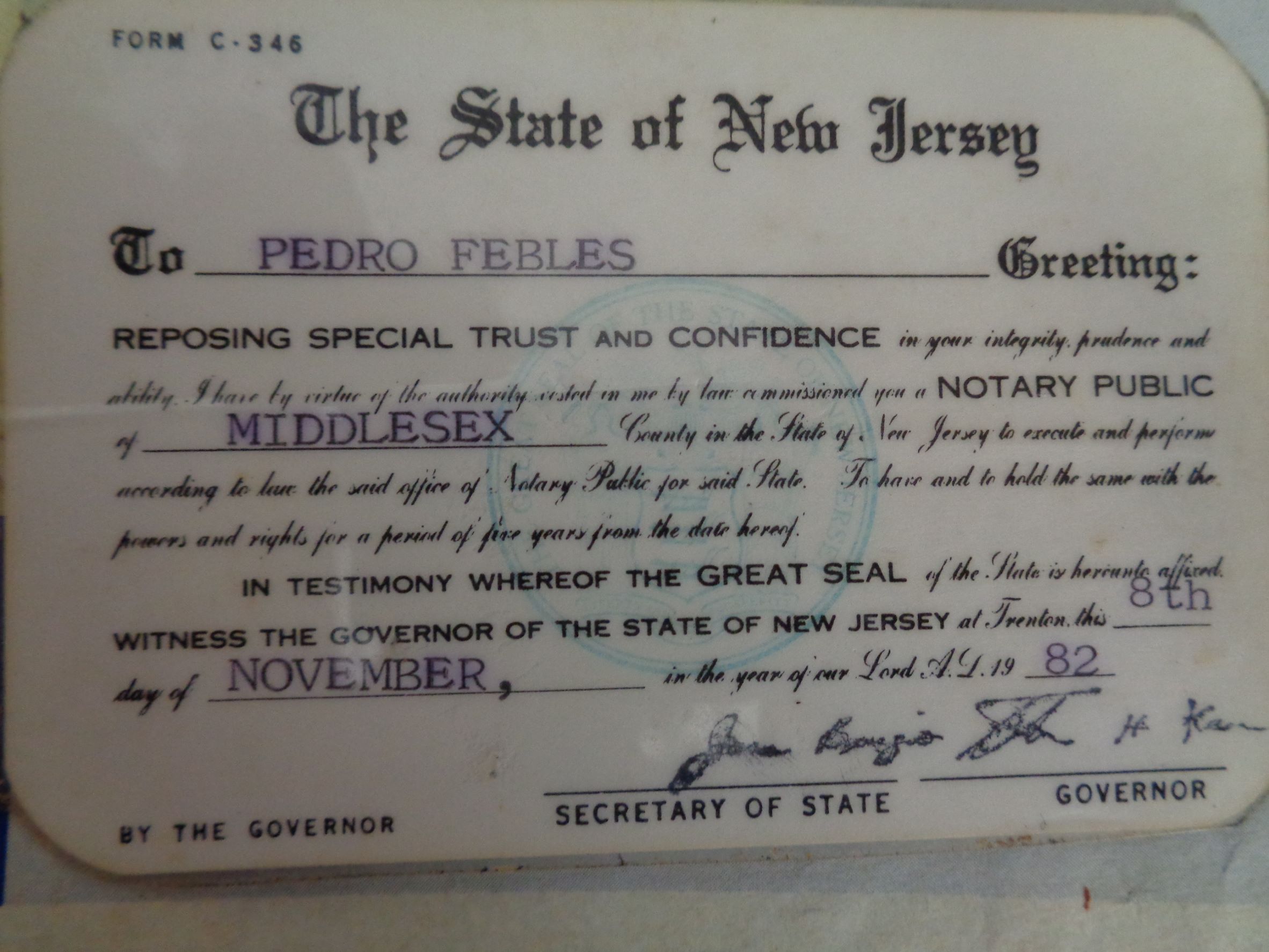 Perth Amboy Notary Public id card PF 8Nov1982